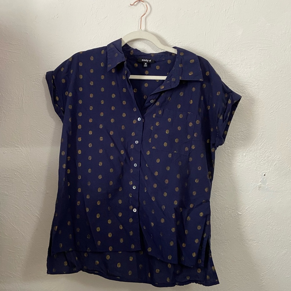 2/$20 Emily D Navy Gold Dot Button Up Work Shirt